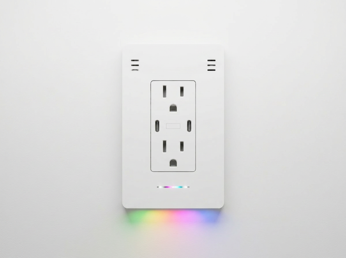 InvisOutlet C Aura installed flush on clean white drywall with color-tunable light