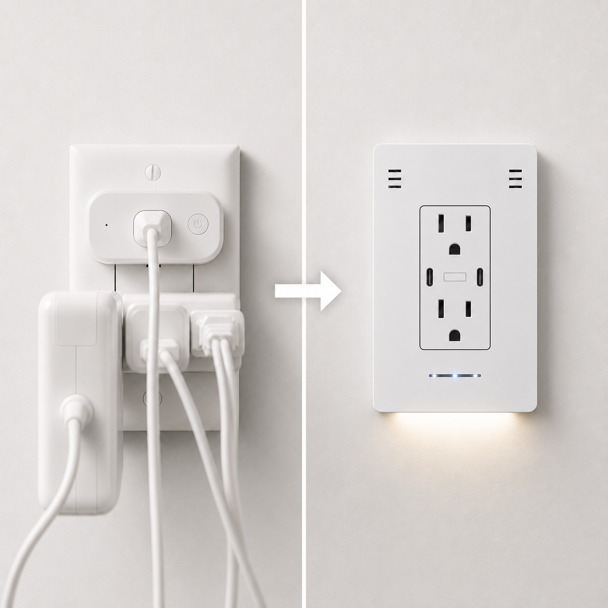 A cluttered adapter setup compared with InvisOutlet C Pro dual USB-C charging